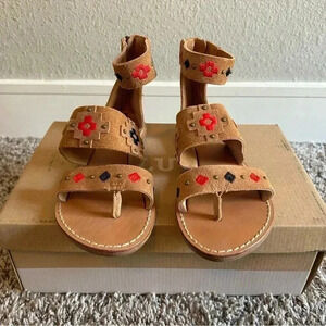 Soludos brown pink and blue embroidered suede sandals size 6 worn once